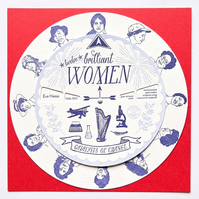 Blackbird Letterpress Brilliant Women decorative spinner, cream cotton paper, indigo blue illustrations of women, tools,…