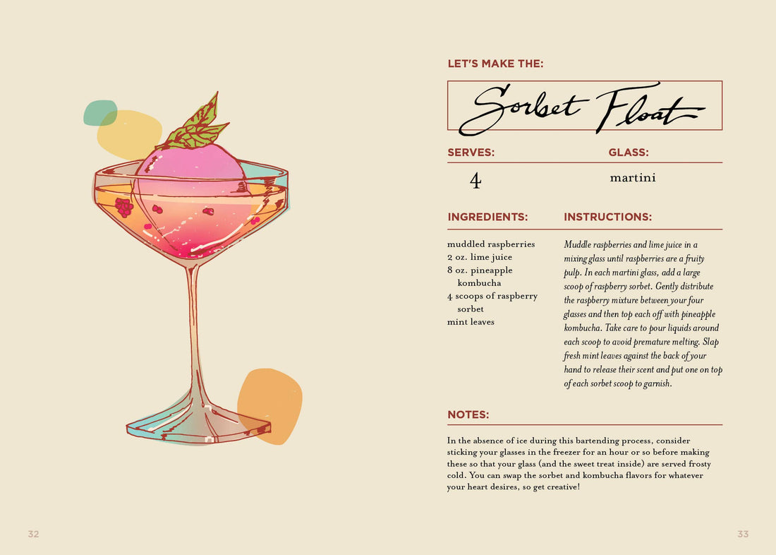 Booze-Free Barcart Book interior page: Sorbet Float mocktail recipe, illustration of pink drink with sorbet, raspberries,…