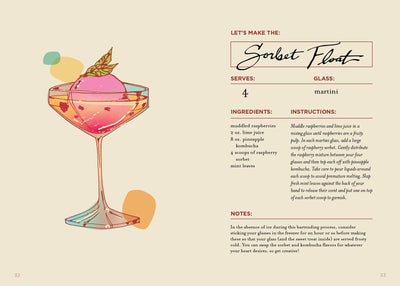 
                    
                      Booze-Free Barcart Book interior page: Sorbet Float mocktail recipe, illustration of pink drink with sorbet, raspberries,…
                    
                  
