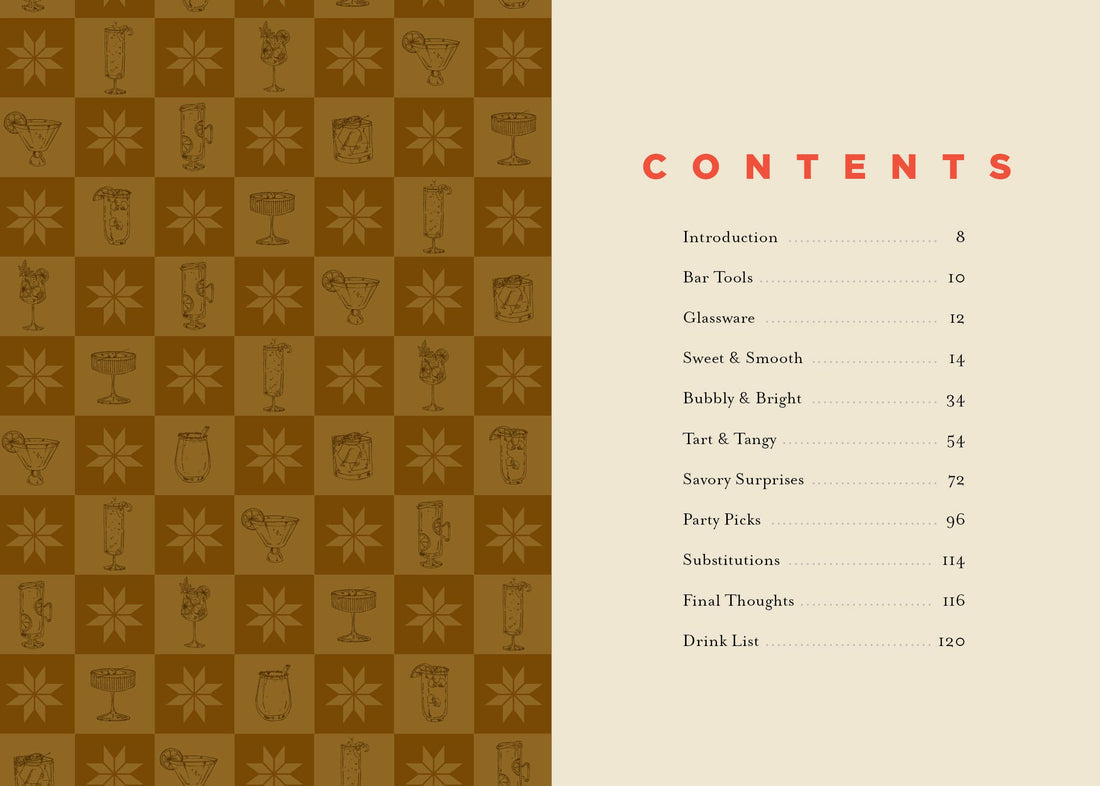 The Booze-Free Barcart Book, contents page with illustrated mocktails on a brown checkered background and the chapter list.