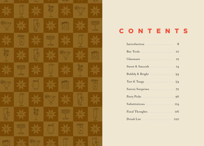 
                    
                      The Booze-Free Barcart Book, contents page with illustrated mocktails on a brown checkered background and the chapter list.
                    
                  
