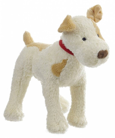 
                    
                      Eliot stuffed dog, white and tan polyester plush, red fabric collar, standing 3/4 side view
                    
                  