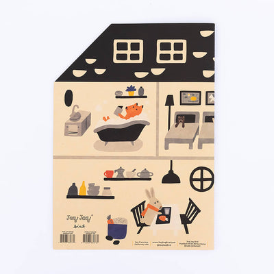 
                    
                      Jaq Jaq Bird Jumbo House coloring book front cover, black and tan house shape with interior room illustrations, flat lay.
                    
                  