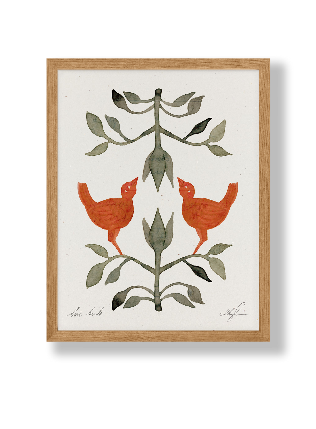 Cocoshalom Love Birds art print, two terracotta birds facing a green plant on off-white recycled paper with fiber flecks,…