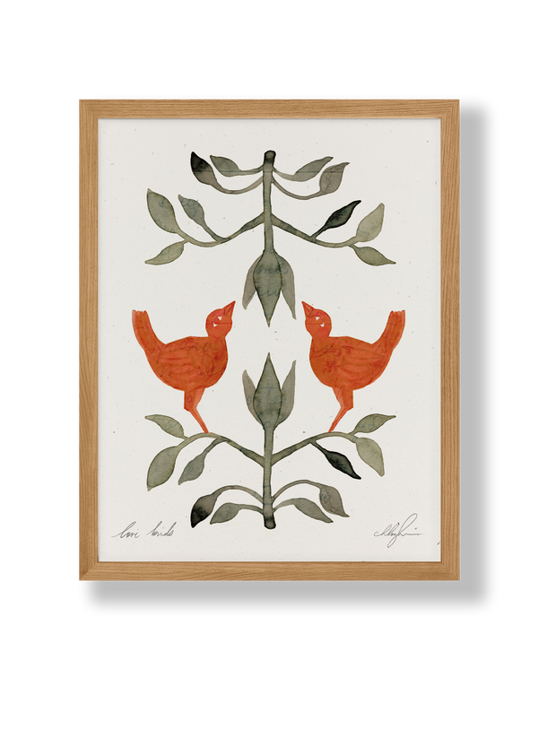 Cocoshalom Love Birds art print, two terracotta birds facing a green plant on off-white recycled paper with fiber flecks,…