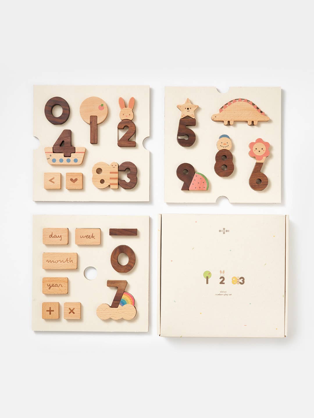 Numbers Play Block Set, beech & walnut wood. All number, shape, word blocks, and product box, displayed flat.