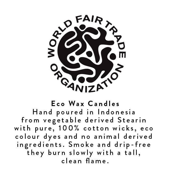 World Fair Trade Organization logo with text on Thin Rainbow Taper Candles' eco wax, stearin, cotton wicks, natural dyes.