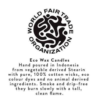 
                    
                      World Fair Trade Organization logo with text on Thin Rainbow Taper Candles' eco wax, stearin, cotton wicks, natural dyes.
                    
                  