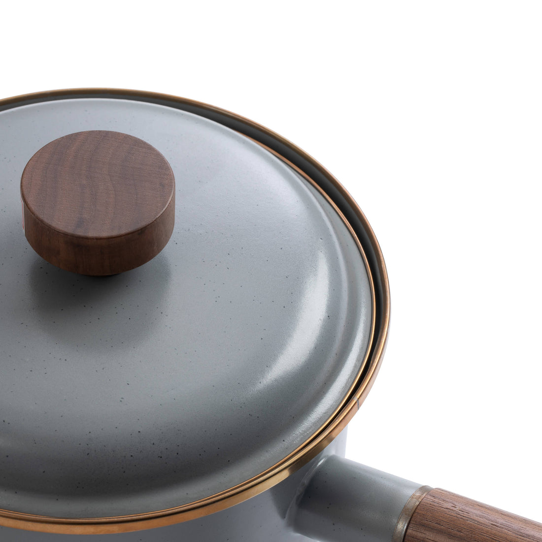 Enamel Saucepan, close-up view of speckled grey enamel lid, round walnut knob, and brass rim.