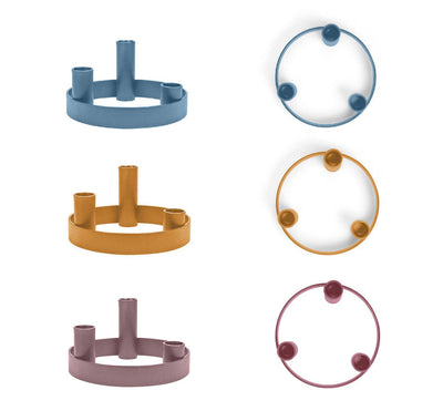 
                    
                      Round Metal Candelabra Rings, painted mild steel, blue, gold, and old rose; multiple side and top-down views.
                    
                  