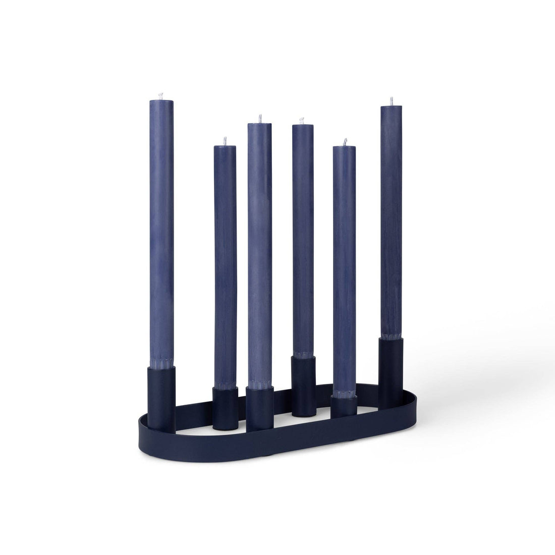 British Colour Standard Oval Metal Candelabra Ring in Midnight Blue painted steel, with six matching taper candles, front…