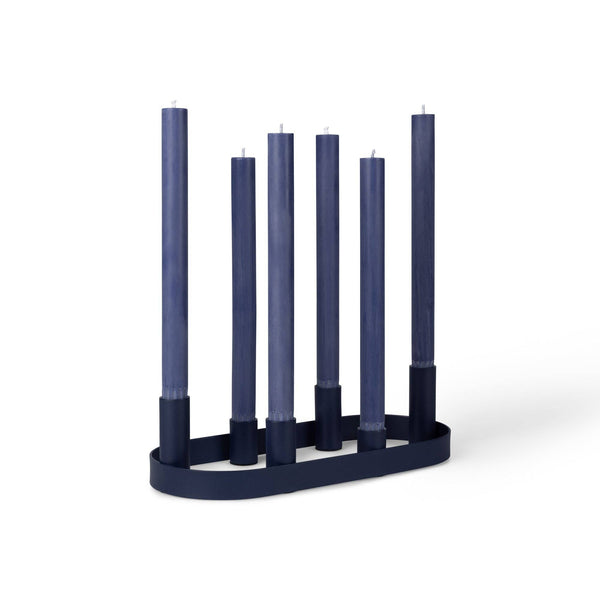 British Colour Standard Oval Metal Candelabra Ring in Midnight Blue painted steel, with six matching taper candles, front…