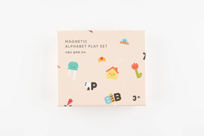
                    
                      Magnetic Alphabet Play Set, beige recycled cardboard box with colorful cartoon illustrations, angled top-front view.
                    
                  