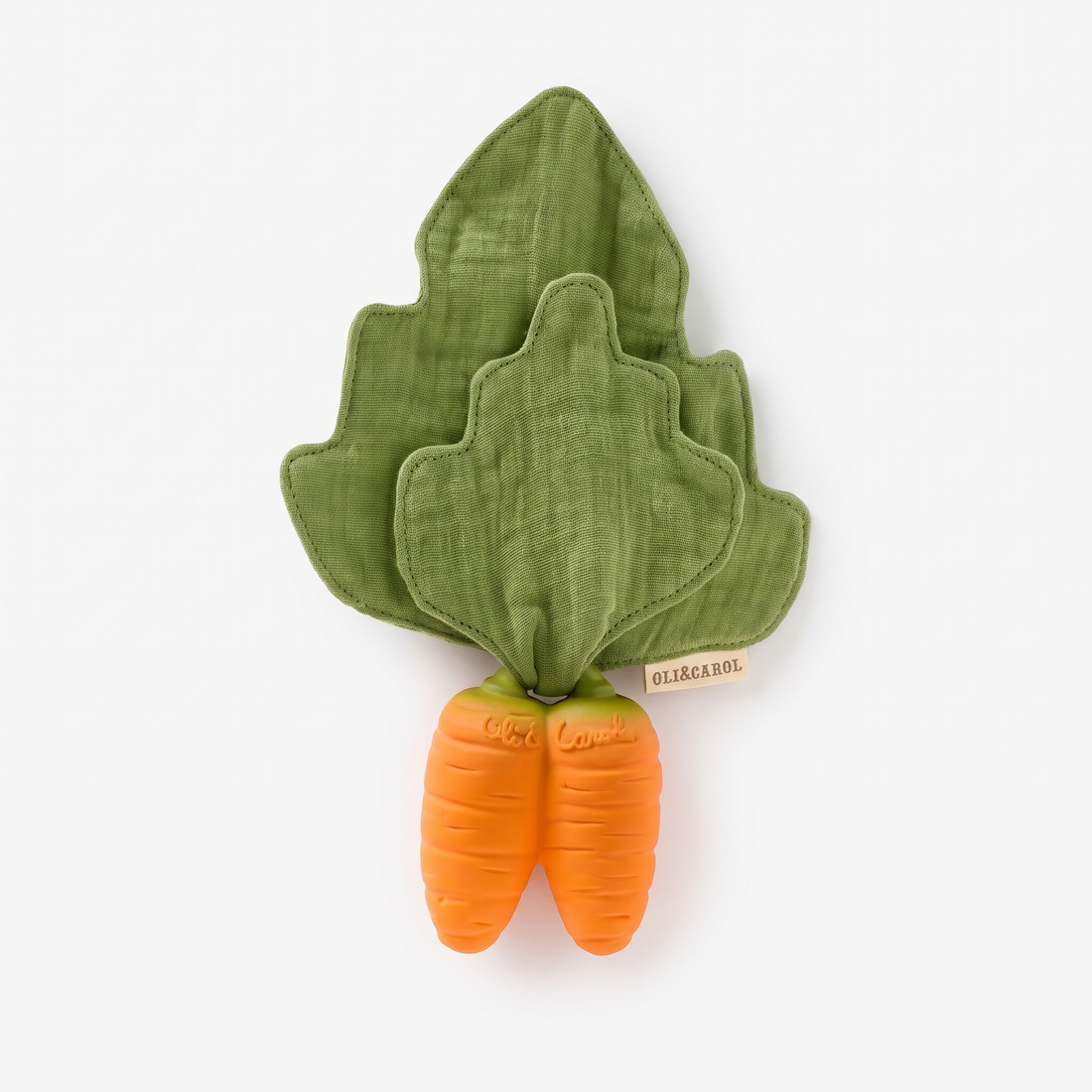 Oli & Carol Cathy the Carrot Mini Doudou Teether studio product photo on a neutral off-white background