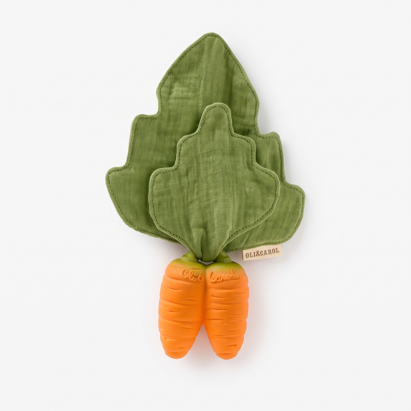 Oli & Carol Cathy the Carrot Mini Doudou Teether studio product photo on a neutral off-white background