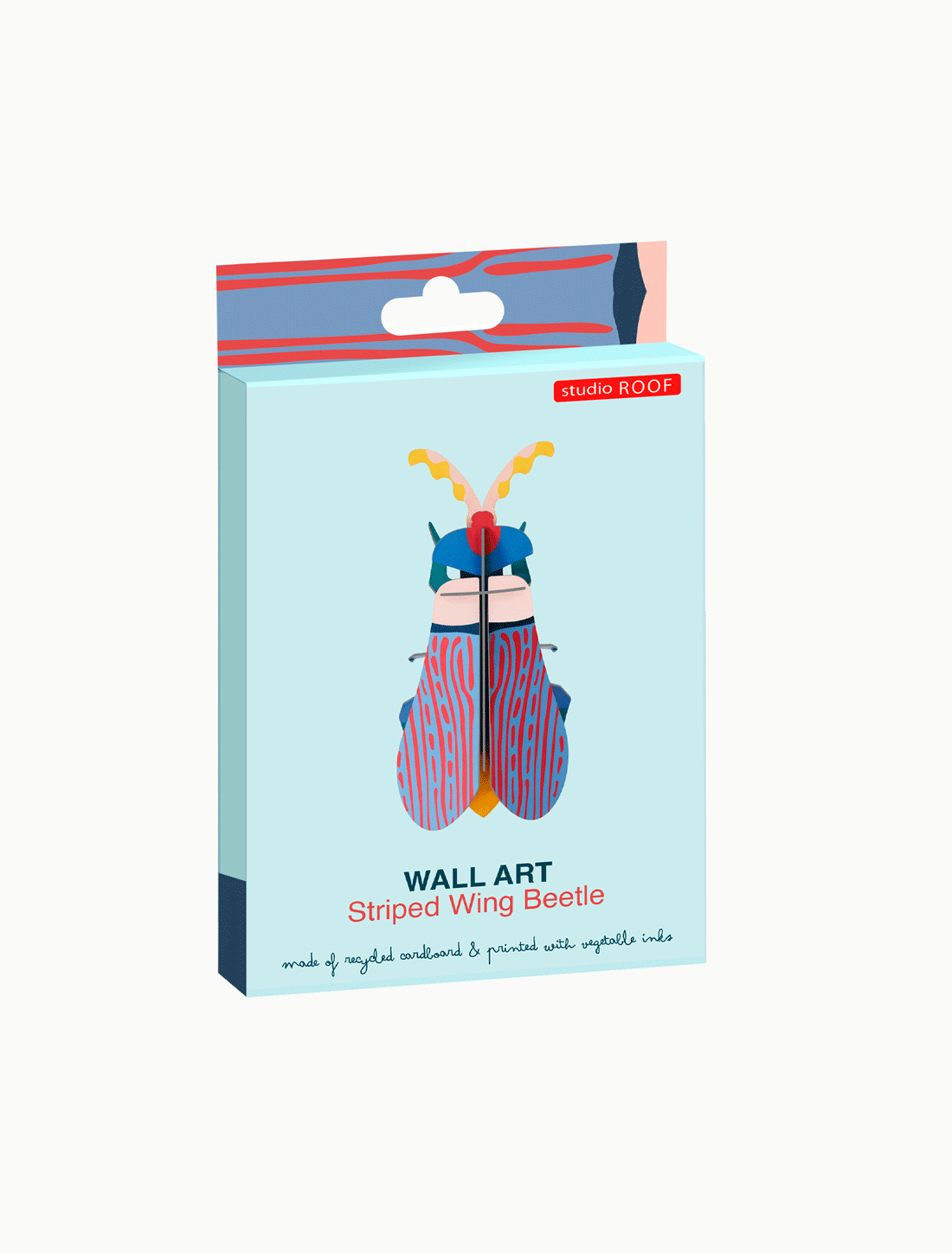 Studio Roof 3D Striped Wing Beetle 3D model kit, light blue recycled cardboard box, vegetable-ink striped beetle…