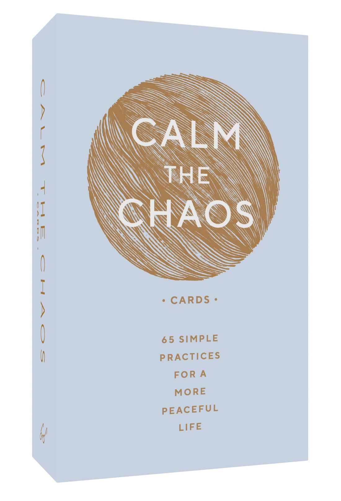 Calm The Chaos mindfulness card deck, pale blue box with gold textured graphic, angled view showing front and spine on white.
