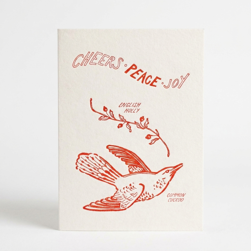 Blackbird Letterpress Cheers Peace Joy Cuckoo Holiday 4bar Letterpress Card studio product photo on a neutral off-white background