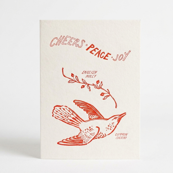 Blackbird Letterpress Cheers Peace Joy Cuckoo Holiday 4bar Letterpress Card studio product photo on a neutral off-white background