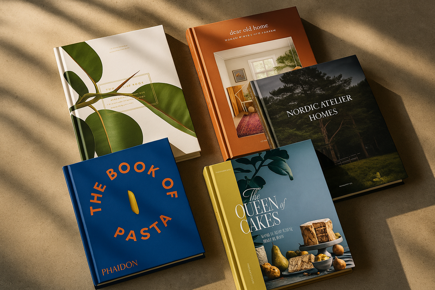 Corrected adult books collage on concrete countertop with sunlight