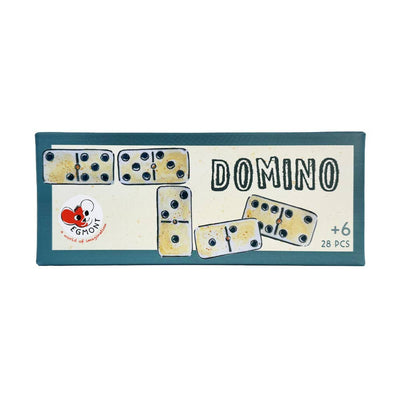
                    
                      Dominos Game Set box art, teal frame, cream background with vintage-style domino illustrations, front view on white.
                    
                  