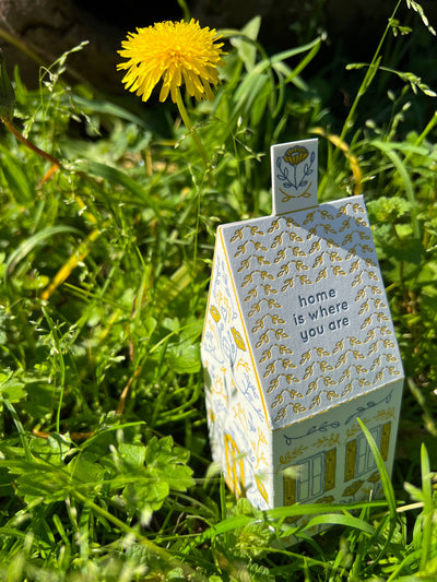 
                    
                      Home Is Where You Are 3D Cut House Card, white cotton paper with yellow & grey design, standing in grass next to a dandelion.
                    
                  