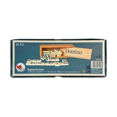 
                    
                      Egmont Dominos Game Set, top view of blue packaging with partially open wooden box and white domino tiles inside.
                    
                  