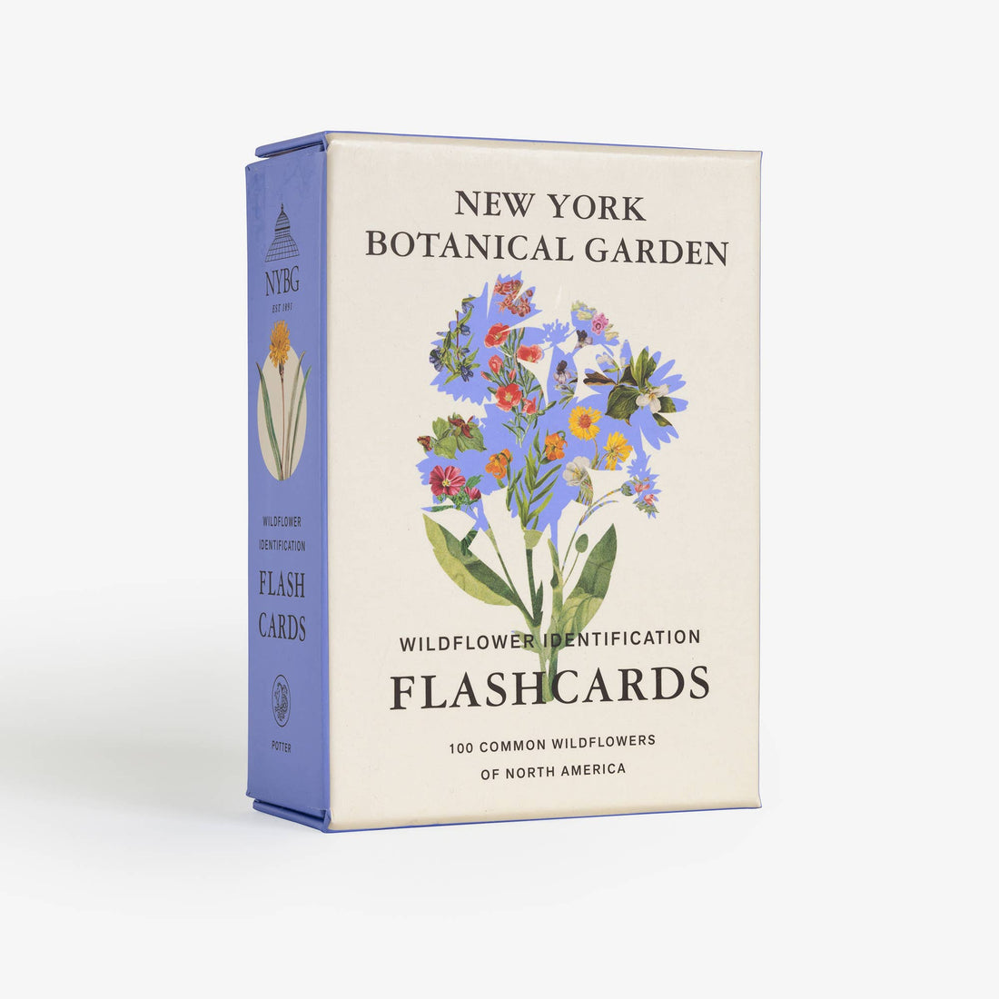 New York Botanical Garden Wildflower ID Flashcards box, cream with blue spine, colorful wildflower illustration, angled…