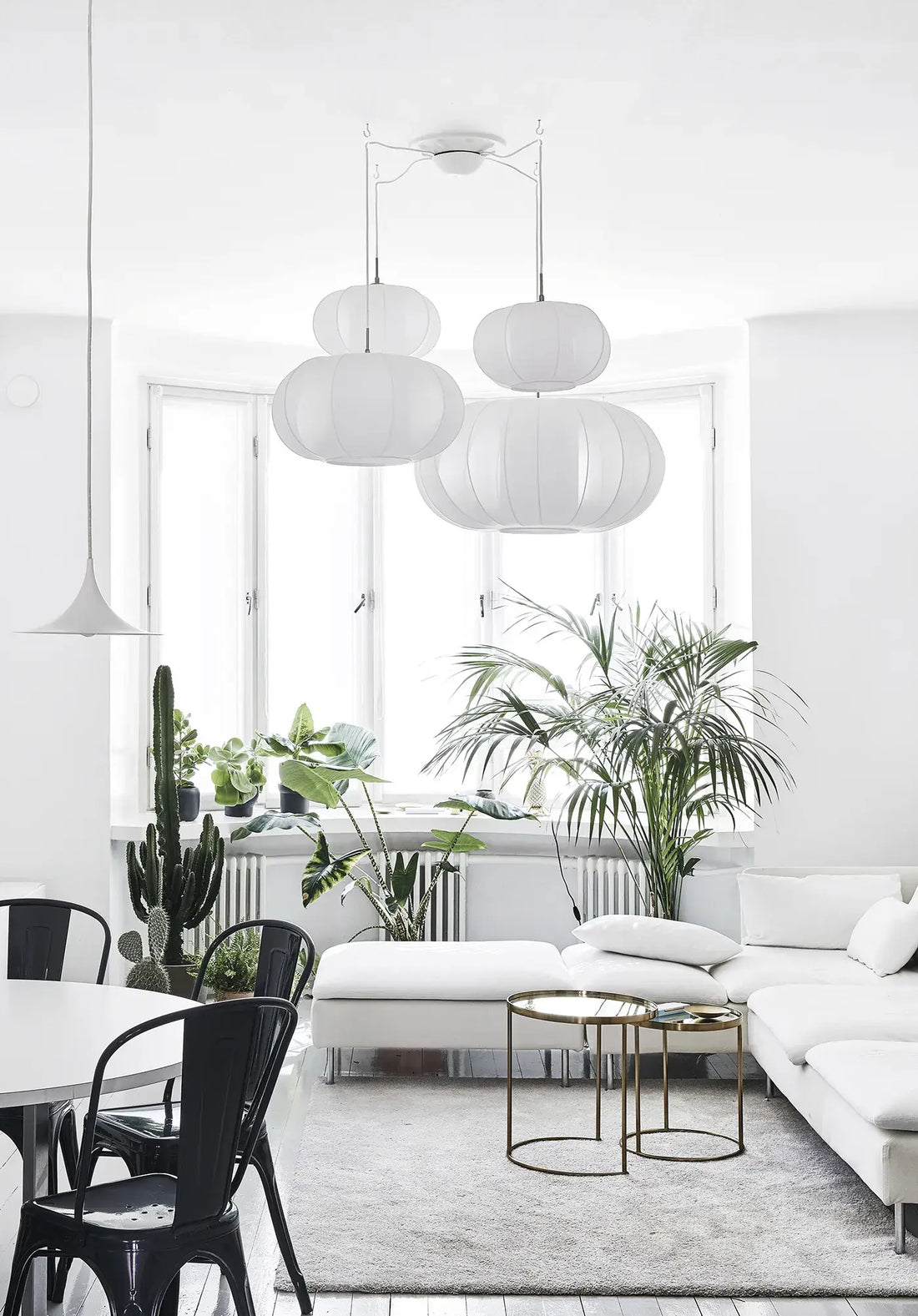 Green Home Book inspired interior: airy living room, many green plants by window, minimalist white sofa, natural light.