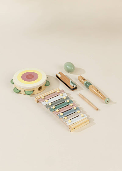 
                    
                      Wooden Musical Instruments Playset, full collection of pastel-colored wood toys: tambourine, xylophone, harmonica, flute,…
                    
                  