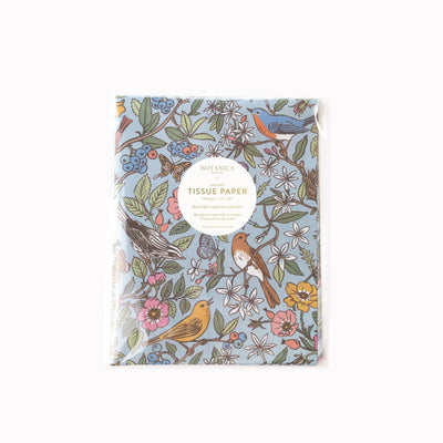 
                    
                      Songbirds Tissue Paper, light blue, multi-color birds, flowers, and butterflies pattern on packaged recycled paper, front…
                    
                  