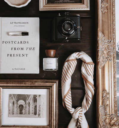 
                    
                      Postcards from the Present travel journal by Wayfarer, light linen cover, flat lay with small perfume sample and vintage…
                    
                  