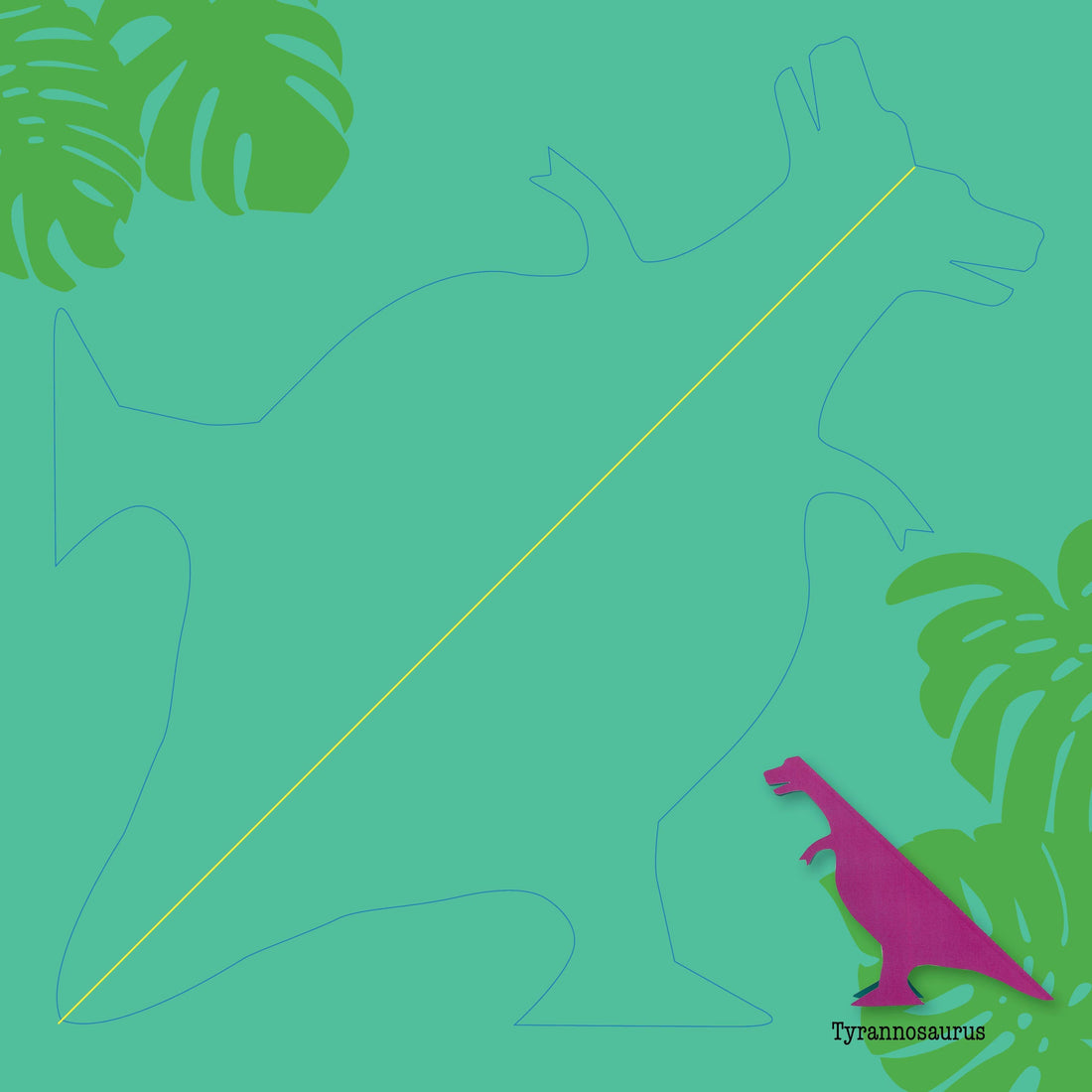 Dinosaurs Origami Kit, magenta paper Tyrannosaurus model with 'Tyrannosaurus' text, large blue dino outline and yellow fold…