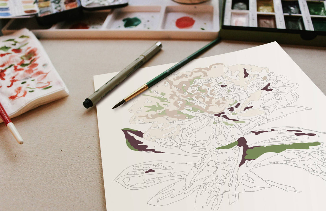 Peony Blossoms Paint-by-Numbers Kit on acrylic art paper, partially painted peony design in green and brown, with brushes.