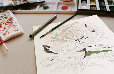 
                    
                      Peony Blossoms Paint-by-Numbers Kit on acrylic art paper, partially painted peony design in green and brown, with brushes.
                    
                  