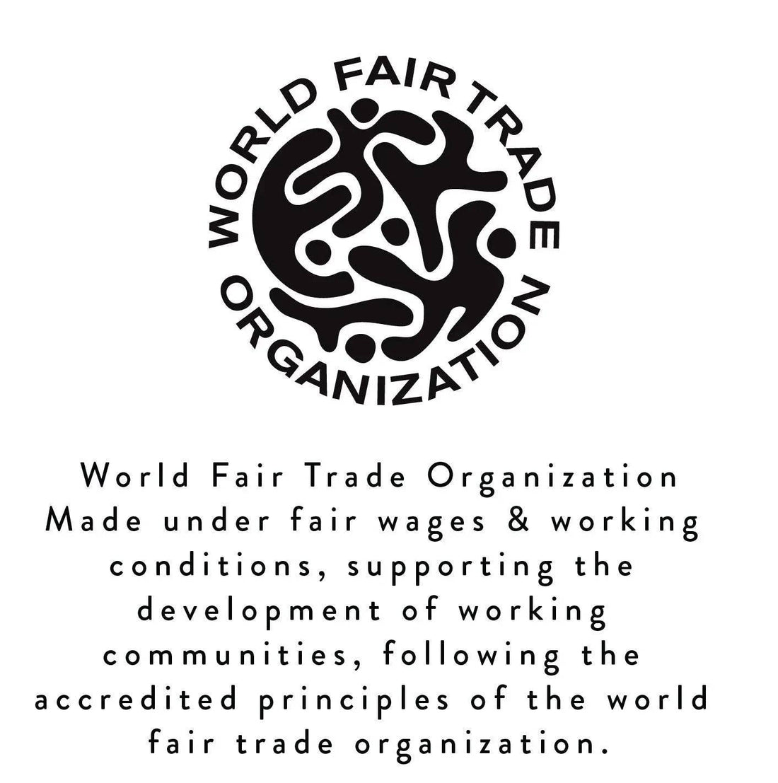 Black/white World Fair Trade Organization logo, text certifying Striped Red & Blues Eco Dinner Candles made with fair wages.