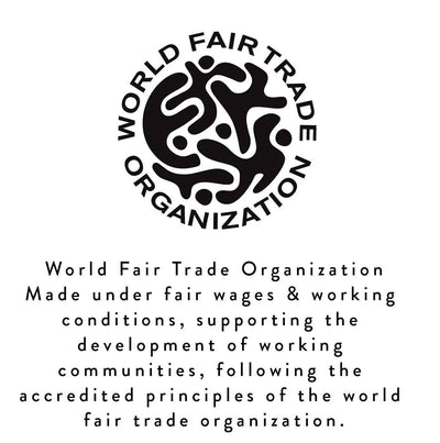 
                    
                      Black/white World Fair Trade Organization logo, text certifying Striped Red & Blues Eco Dinner Candles made with fair wages.
                    
                  