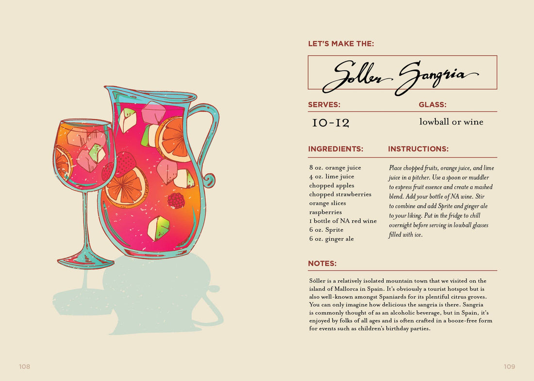 The Booze-Free Barcart Book, recipe page for Soller Sangria. Colorful illustration of pink mocktail with fruit slices and…