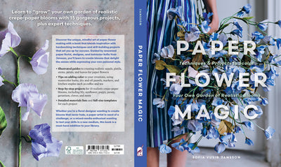 
                    
                      Paper Flower Magic book, full back cover showing project details & ISBN, blue spine, and realistic purple & blue crepe paper…
                    
                  