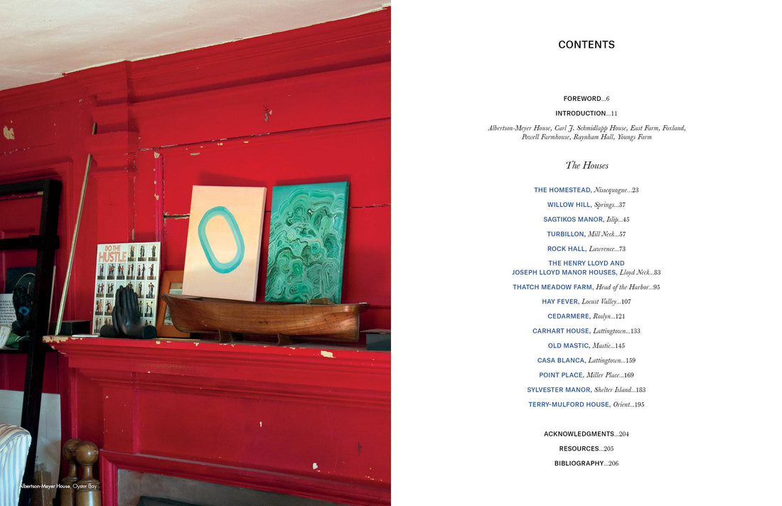 Americana: Farmhouses and Manors of Long Island book, open to the Contents page, on a distressed red fireplace mantel.