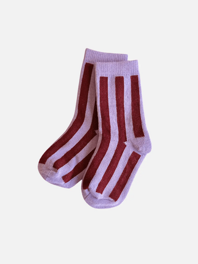 
                    
                      Milk Teeth Stripe Sock, lavender and maroon cotton stripes, flat lay pair, front view on white.
                    
                  