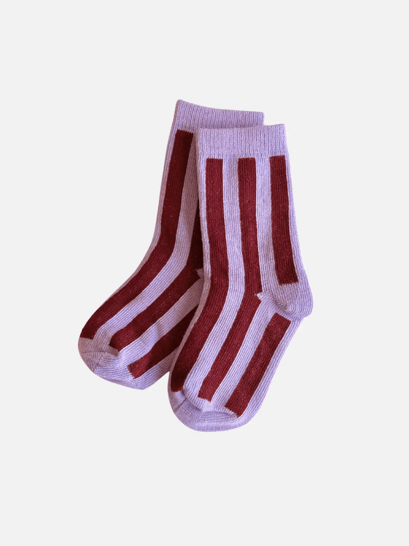 Milk Teeth Stripe Sock, lavender and maroon cotton stripes, flat lay pair, front view on white.