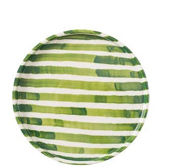 Striped Ceramic Plate, white with irregular green brushstroke stripes, full top-down view on white.