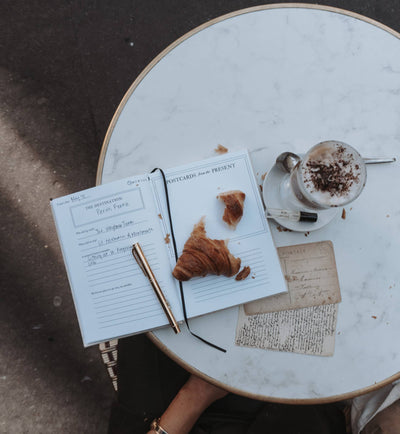 
                    
                      Postcards from the Present travel journal, open white pages showing handwritten Paris trip entries, flat lay on a marble…
                    
                  