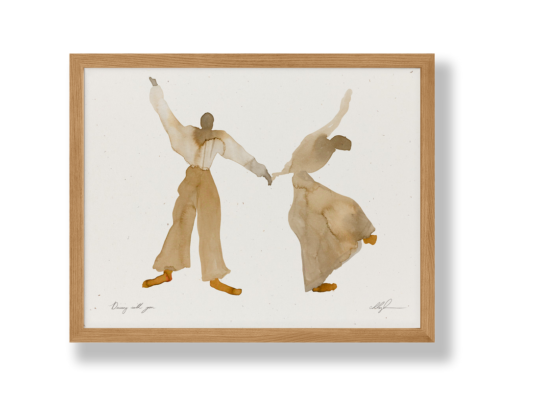 Cocoshalom Dancing With You framed art print, two abstract figures in earthy brown watercolor on textured recycled paper,…