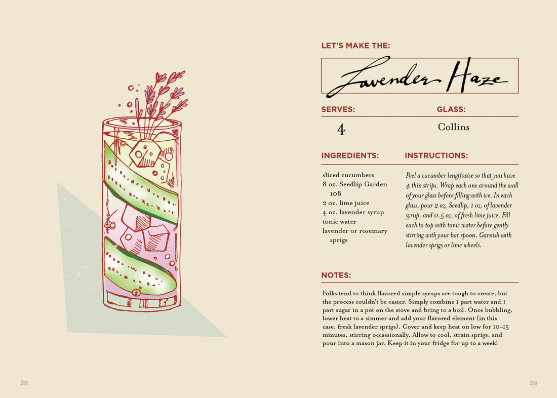 The Booze-Free Barcart Book interior page, illustrated Lavender Haze mocktail recipe with cucumber slices and lavender…