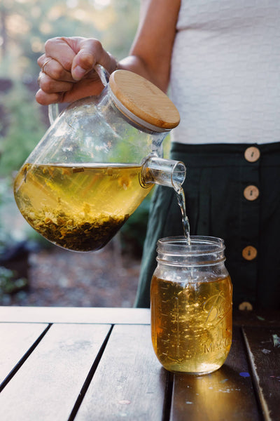 
                    
                      Heat-Resistant Glass Teapot, borosilicate glass & bamboo lid, hand pouring chamomile tea into glass jar outdoors.
                    
                  