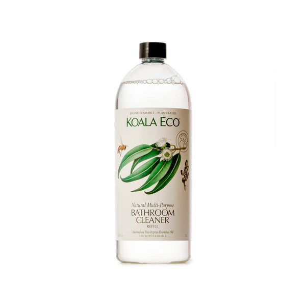 Koala Eco Eucalyptus Multi-Purpose Bathroom Cleaner Refill bottle, clear with black cap and eucalyptus label, front view on…