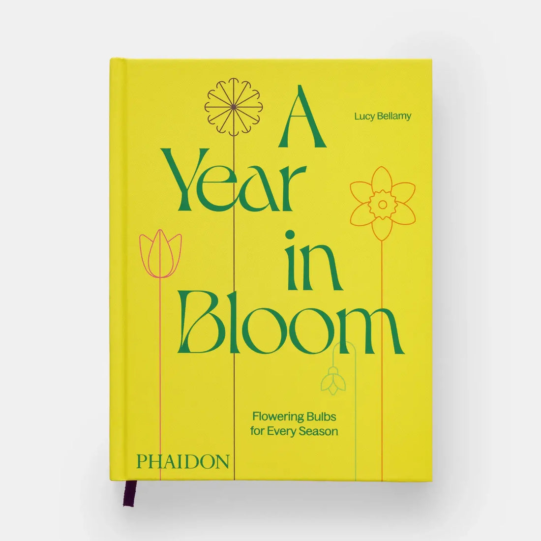 Phaidon A Year In Bloom gardening book, bright yellow hardcover, green text, orange flower illustrations, front on white.