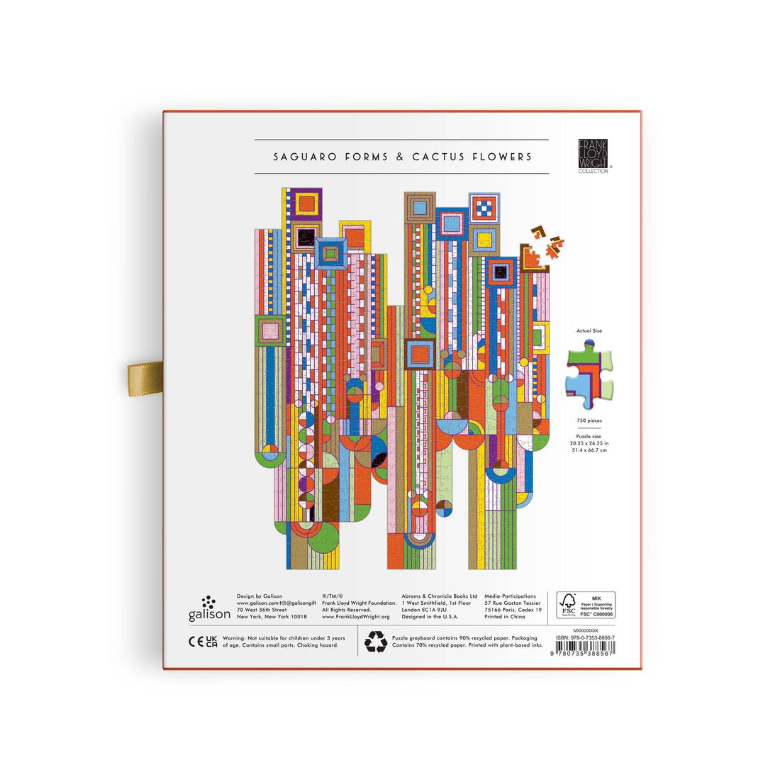 Saguaro Cactus & Forms 750-piece shaped foil puzzle, back of box with colorful abstract design, product details, gold ribbon.